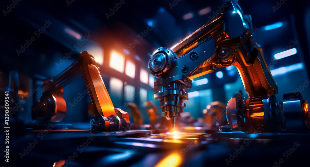 Aufkleber A metallic robotic arm operates in a futuristic, dimly lit factory.  Orange and blue lights illuminate the automated machinery in an industrial setting.