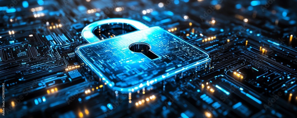 Aufkleber digital illustration of encryption symbols, padlock, and a blue cyber shield protecting data from th