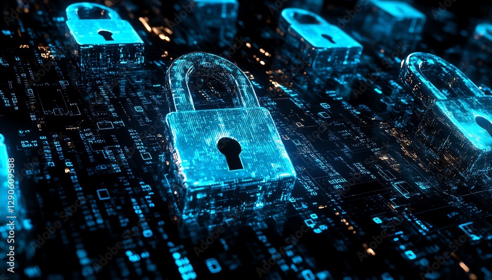 Leinwandbilder Futuristic illustration of encryption symbols and digital locks securing data, with a blue cyber shield guarding against the dark web and symbolizing technology and online safety