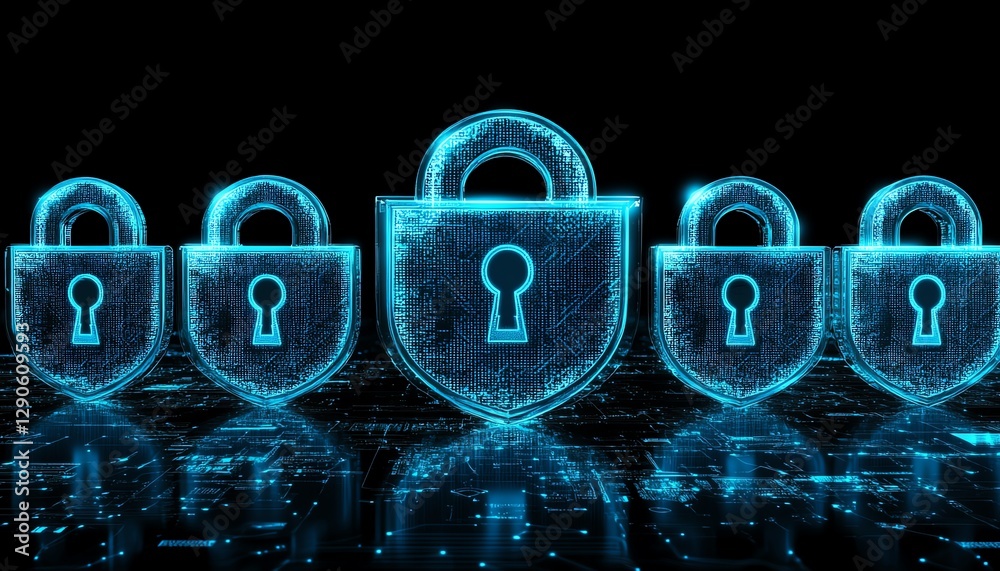 Leinwandbilder futuristic illustration of encryption symbols and digital locks securing data, with a blue cyber shi