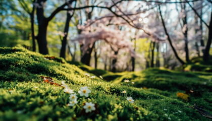 Fototapeta premium Sunlit forest floor covered with green moss and delicate white wildflowers in early spring.