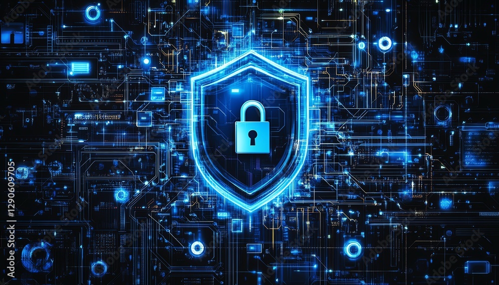 Poster Futuristic illustration of encryption symbols and digital locks securing data, with a blue cyber shield guarding against the dark web and symbolizing technology and online safety
