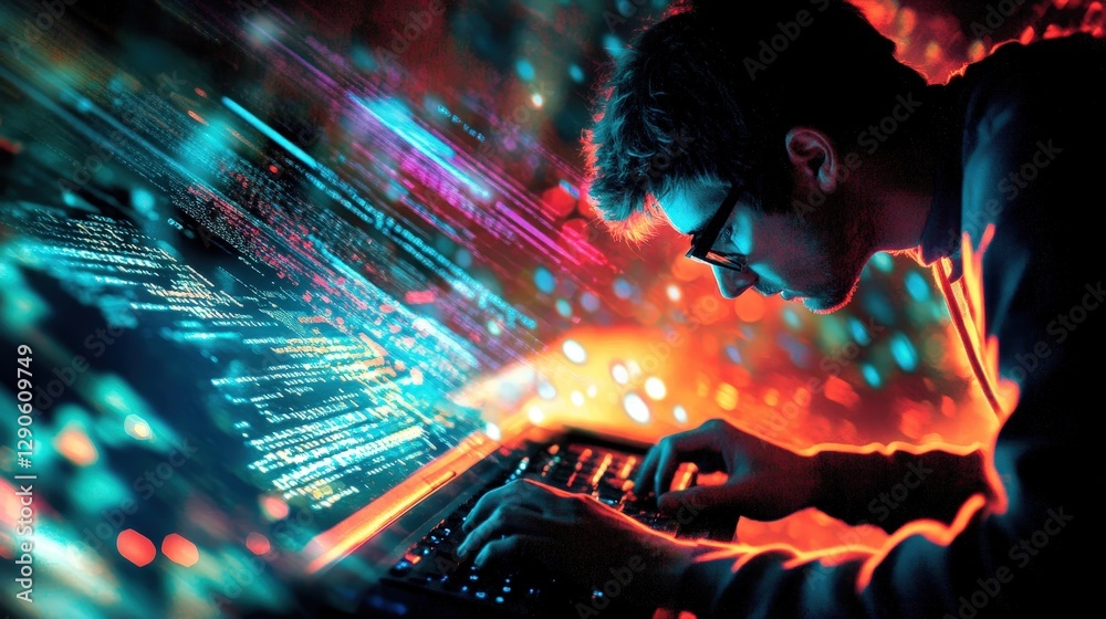 Poster a hacker in a dimly lit room typing rapidly, with lines of code and encrypted data flashing on the s
