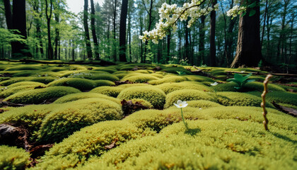 A forest floor blanketed in lush green moss with white flowers blooming under golden morning light.