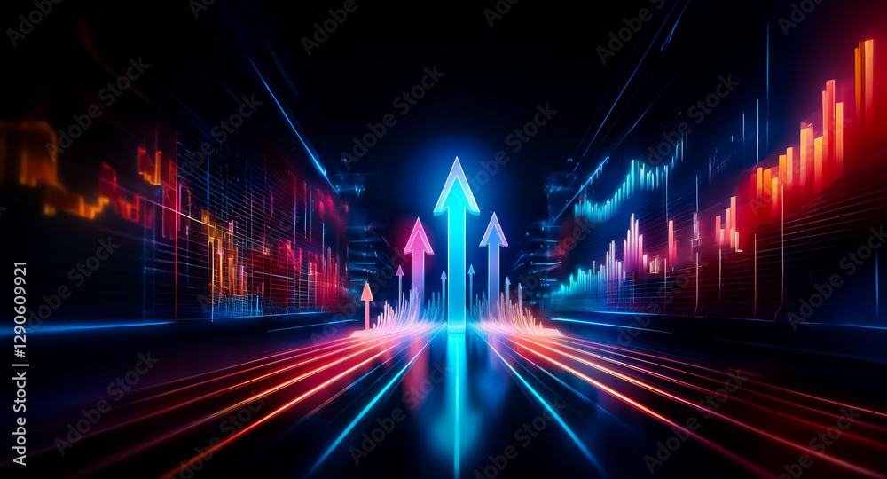 Aufkleber neon arrows ascend amid glowing graph lines in a futuristic cityscape, symbolizing progress and upwa