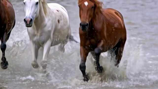 Wild horses, one white and one brown, charge through the shallow water, splashing as they move with energy and freedom.
