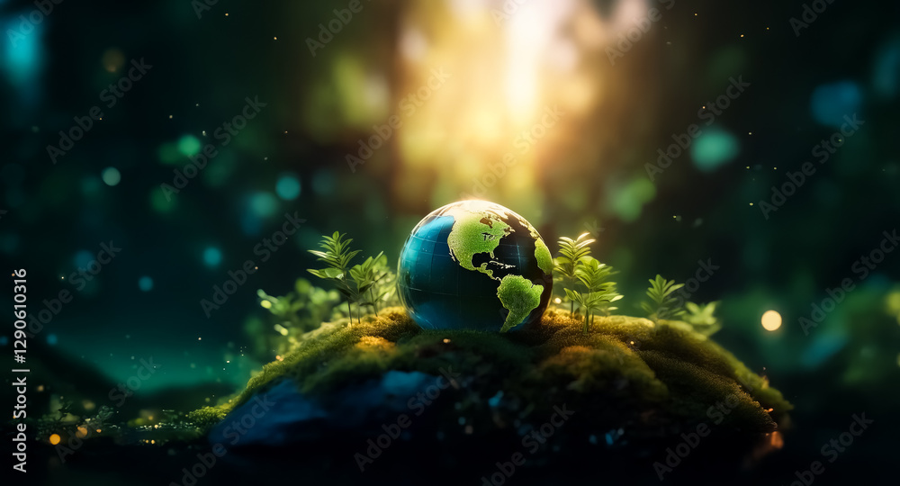Poster a small globe rests on moss, illuminated by a soft light, amidst a lush, green forest environment, s