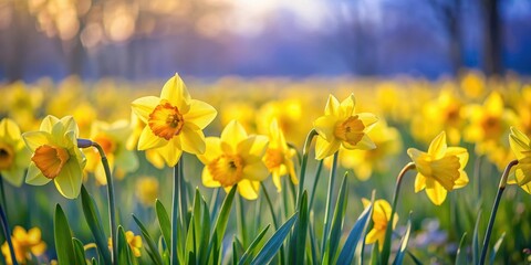 Fototapeta premium Vast fields of vibrant yellow daffodils swaying gently in the spring breeze, with a few scattered bluebells and green grass beneath them, spring flowers, greenery