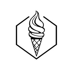 Clean, minimalist black and white vector illustration of an ice cream cone in a hexagon, representing a refreshing and simple dessert.