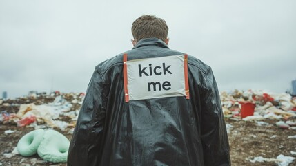 Individual stands in landfill wearing jacket with playful messag