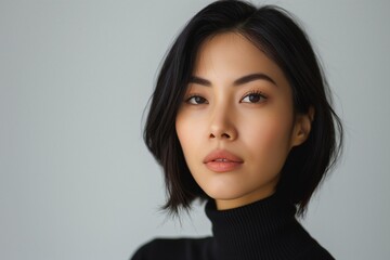 Fototapeta premium Portrait of an Asian female model with short black hair, wearing a black turtleneck, conveying a serene and confident mood.