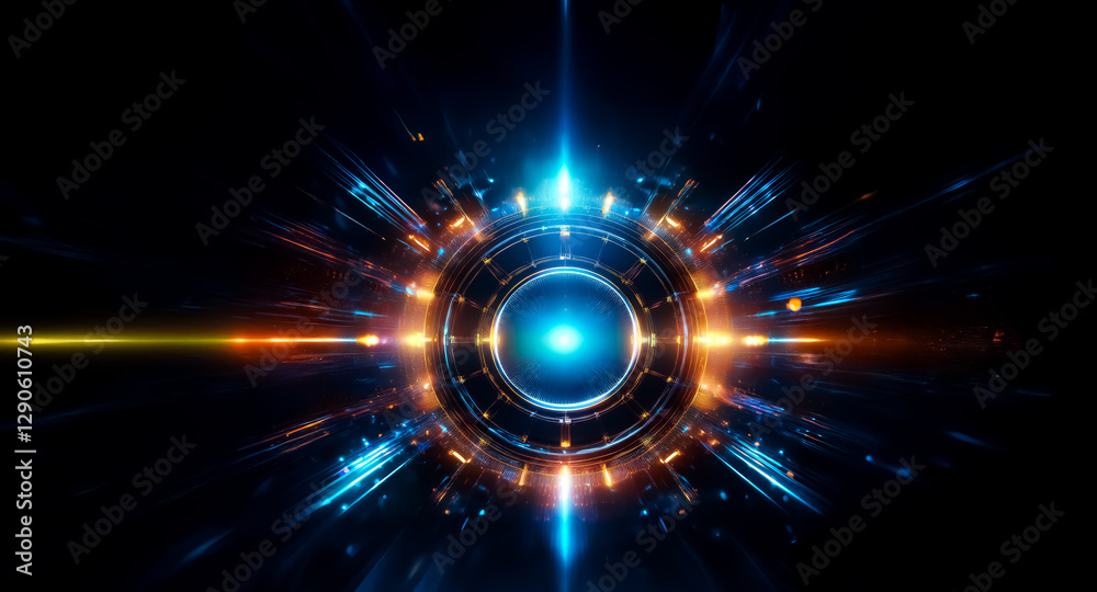 Leinwandbilder abstract glowing circle with vibrant blue and orange lights emanating from the center against a dark