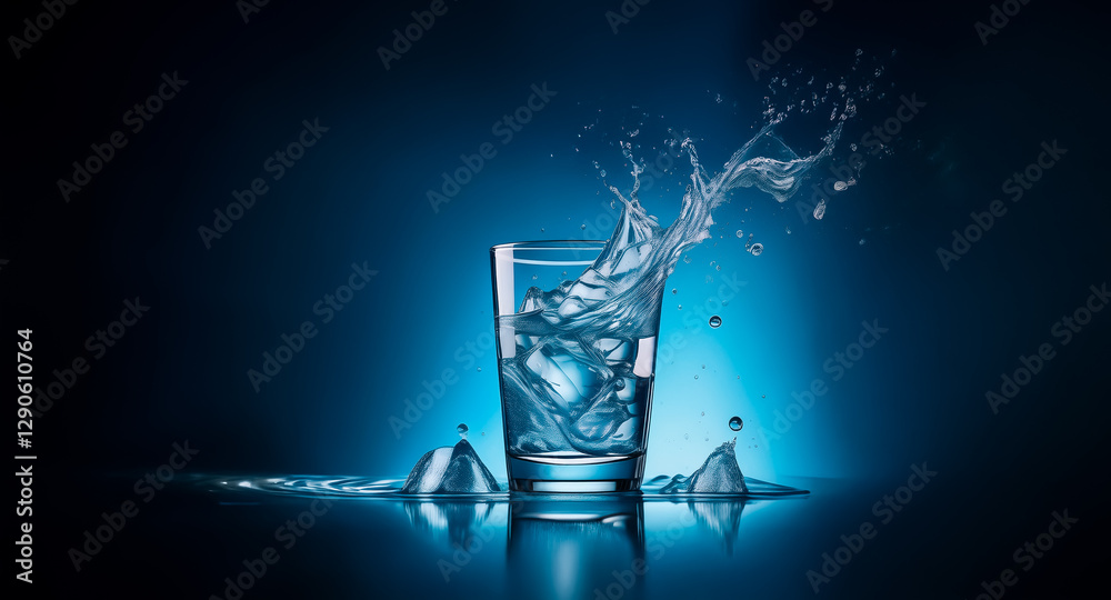 Fototapete A glass of water with a dynamic splash is set against a deep blue backdrop. Droplets and spills create motion and add to the refreshing and clean feel.