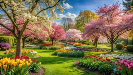 Naklejka premium Vibrant spring garden with blooming flowers and trees in full bloom, blooms, landscape, blooms, landscape, gardenia