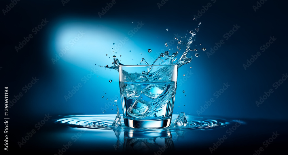 Poster a clear glass with ice cubes and water creates a dynamic splash as liquid spills onto a reflective d