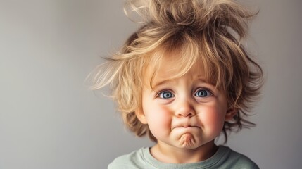 Baby with messy hair and a frowning face. The baby is wearing a green shirt. Concept of playfulness and innocence, as the baby's messy hair and frowning expression suggest a carefree