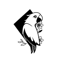A Black and White Minimalist Parrot Perched in a Square with Flowers.