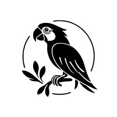 Black and White Parrot Silhouette Perched on Branch, Circled