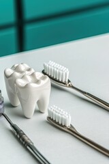 Tooth-shaped holder displays toothbrushes, emphasizing dental hy