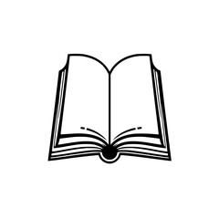 A stark black and white illustration of an open book, perfect for educational purposes, displaying a clean, simple, and elegant design against a white background.