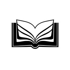 Black and white open book graphic, an open book showing pages, set against a stark white background.