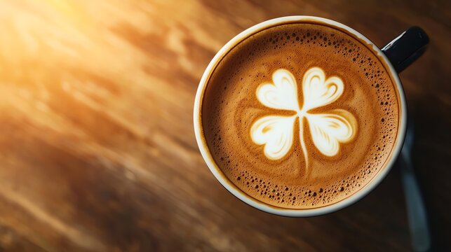 A beautifully crafted coffee with latte art resembling a clover leaf, served in a dark cup on a rustic wooden table.