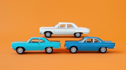 Fototapeta premium Three Toy Cars on Orange Background