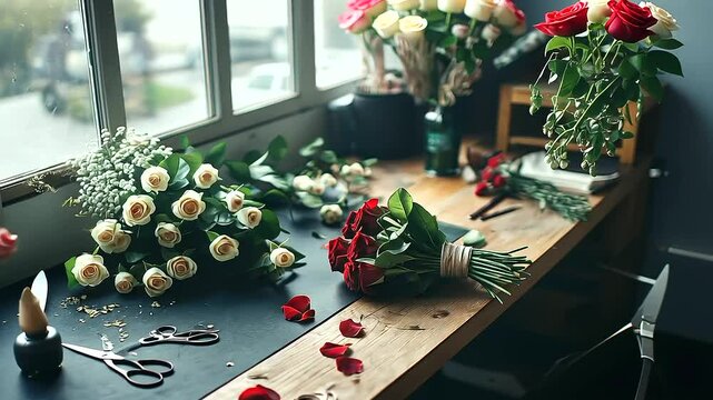 A beautifully curated workspace in a florist&rsquo;s shop, with scattered rose petals, twine, scissors, and freshly cut flowers ready to be arranged into bouquets.