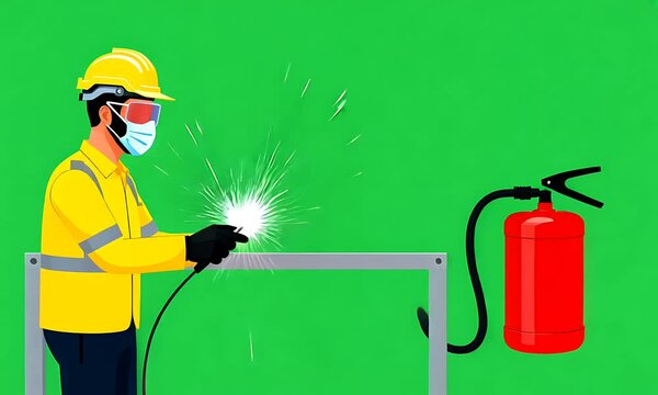 Welding worker safety illustration,  metal fabrication, fire extinguisher,  industrial site