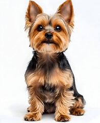 Sweet small dog sitting contentedly on a bright white surface with soft illumination