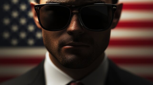 A confident individual in sunglasses poses against an American flag, embodying a sense of patriotism and style in this striking portrait.