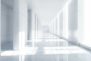 Obraz premium A bright, modern corridor featuring sleek white architecture and polished marble floors.