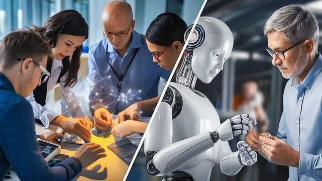 Split screen: human engineers collaborating, and a humanoid robot assembling components - Powered by Adobe