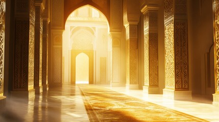 Majestic Hallway with Golden Light in Ornate Architecture