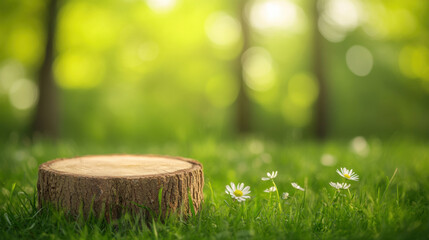 serene grassland scene featuring tree stump surrounded by small white flowers, evoking peaceful and natural atmosphere