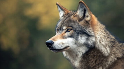 Fototapeta premium Majestic gray wolf profile showcasing its sharp features and intense gaze. wolf fur is beautifully detailed, blending with soft, blurred natural background
