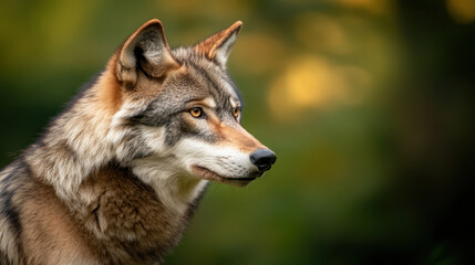 Fototapeta premium Majestic gray wolf profile with sharp features and intense gaze, showcasing its natural beauty in serene environment