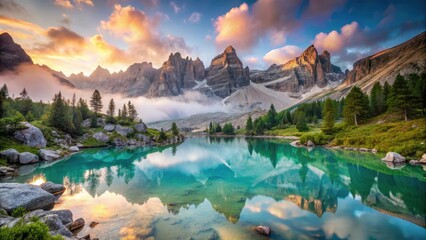 Sorapis lake in the Dolomites, Italy, at sunrise with misty mountains and lush greenery, nature, outdoor,  nature, outdoor