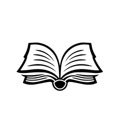 Open Book Illustration: Black and white minimalistic illustration of an open book on a white background, vector-based.