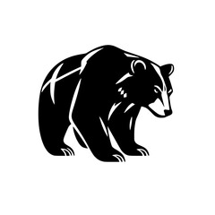 A stylized black and white illustration of a bear. Bold lines outline the form, defining the animal's silhouette, and minimalistic.