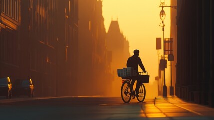 Silhouette of a Cyclist at Sunrise in a City Street