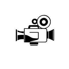 Minimalist Retro Filmmaking: Black and White Camera Silhouette on White.