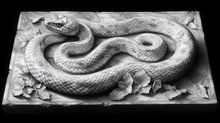 Obraz premium Carved snake bas-relief on stone, foliage background, studio shot