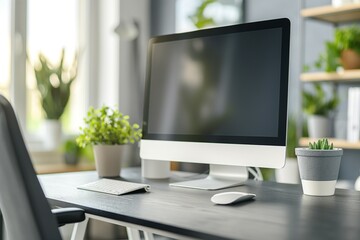 Fototapeta premium A modern workspace featuring a sleek desktop computer, keyboard, and potted plants, creating a fresh and inviting atmosphere.