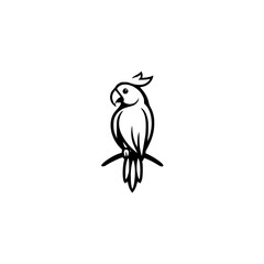 Black and white minimalist drawing of a parrot with a stylized head and wings, perched on a branch, set against a white background.