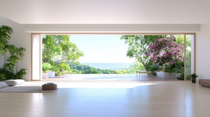 Obraz premium Modern home, ocean view, tranquil garden, minimalist design, real estate