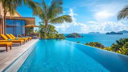 Obraz premium Pool with a view of the ocean and a palm tree. The pool is surrounded by lounge chairs and umbrellas