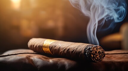 Cigar is lit and smoking, with the smoke rising up and filling the air. Concept of relaxation and indulgence, as smoking a cigar is often associated with leisure and enjoyment