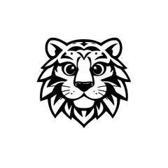 Stylized tiger head in black and white, vector illustration, showing the majestic tiger face from a frontal point of view.
