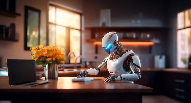Robot in a sunlit kitchen uses a device on the counter. Domestic scene with modern appliances and bright natural light filling the room.
